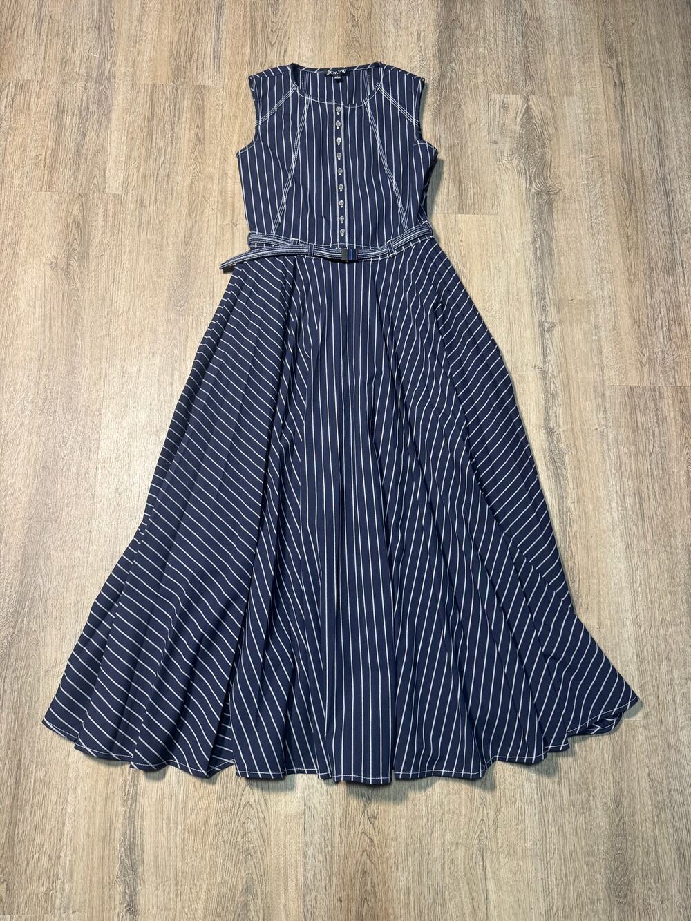 J.Crew Women's Navy & White Striped Sleeveless Maxi Dress with Belt